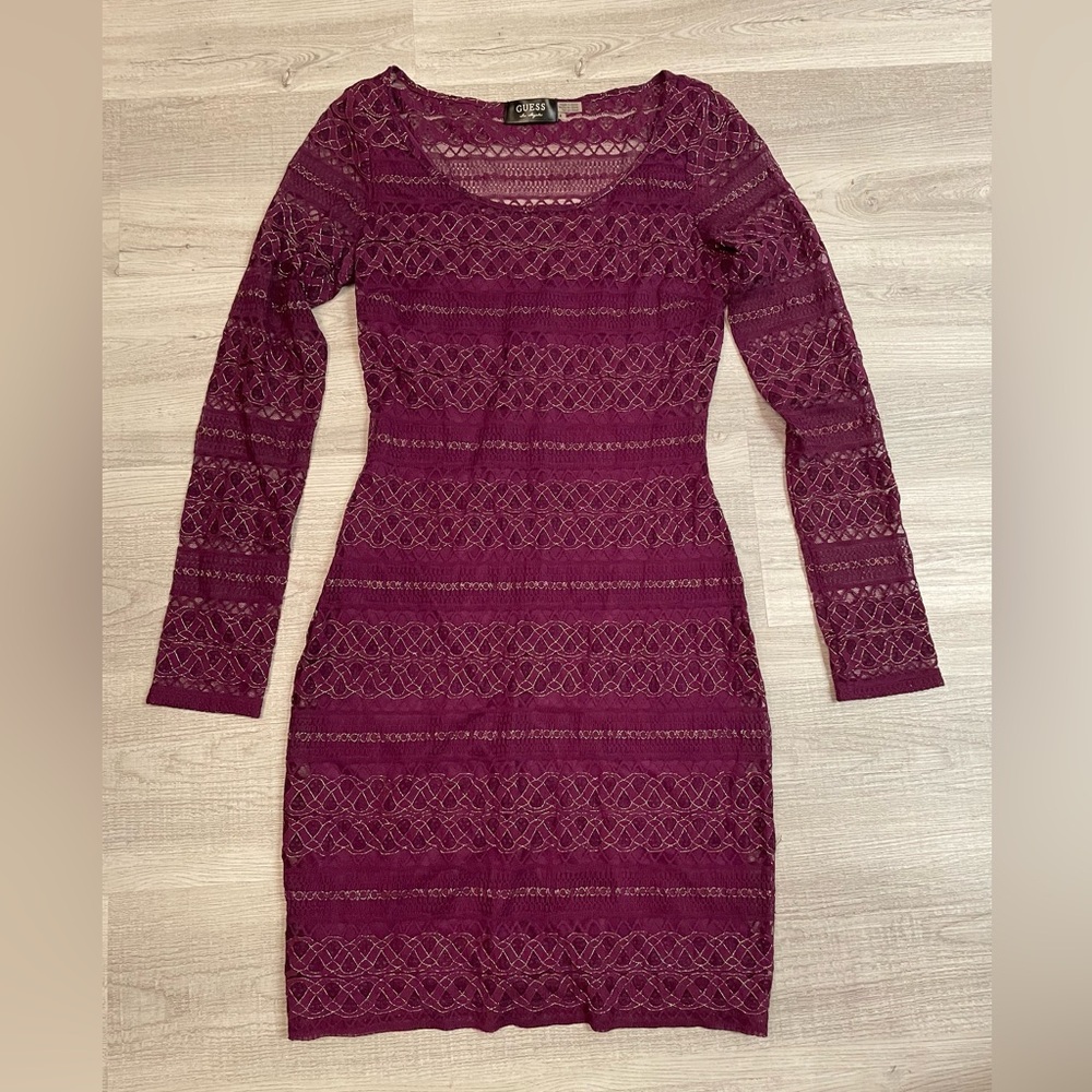 Guess purple and metallic gold lace dress